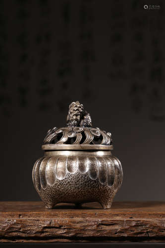 SILVER CAST AND CARVED TRIPOD CENSER WITH LID