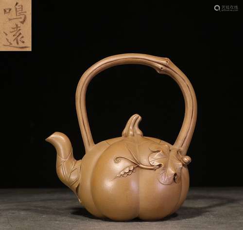 YIXING ZISHA CARVED 'PUMPKIN' TEAPOT WITH LIFTING HANDLE