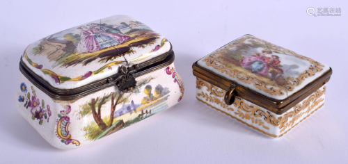TWO ANTIQUE PILL BOXES painted with lovers. L…