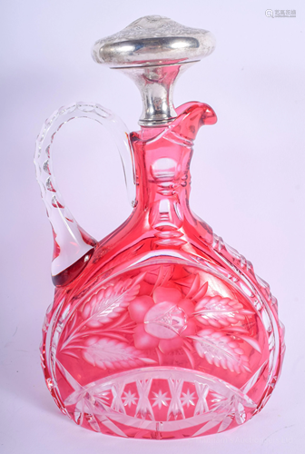 A CRANBERRY FLASH GLASS SILVER DECANTER. 24 …