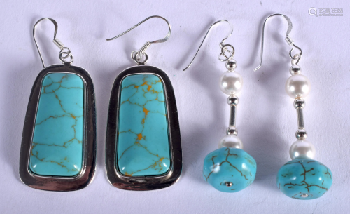 TWO PAIRS OF SILVER AND TURQUOISE EARRINGS. …