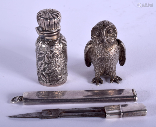 A RARE ENGLISH SILVER OWL PEPPER POT together wi…