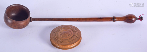 A VINTAGE TREEN BOX and a similar spoon. (2)