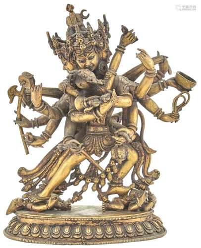 A Large Tibetan Bronze Tantric Grouping of Chakrasamvara