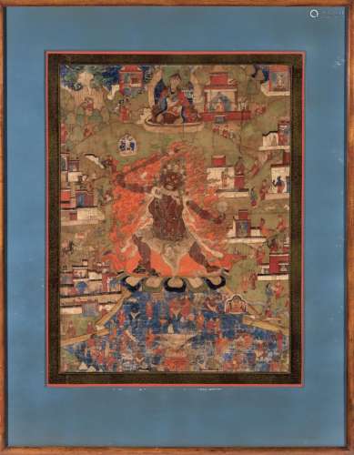 A Tibetan Painted Thangka of a Wrathful Deity