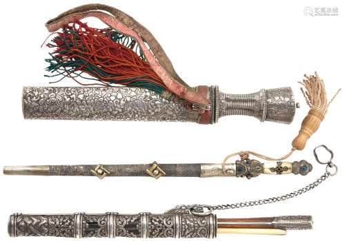 A Fine Tibetan Silver Knife: Together with a Provincial Chinese Bone and Shagreen Knife and a Tibetan Silver Cutlery Set