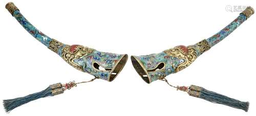 A Pair of Tibeto-Chinese Cloisonné Enamel Telescoping Trumpets