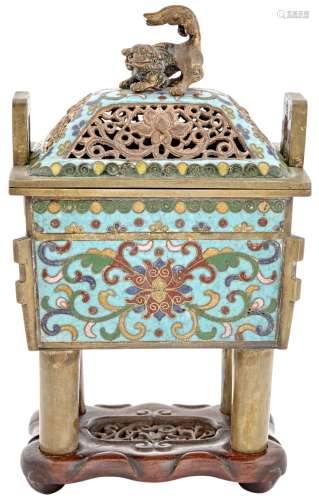 A Chinese Cloisonné and Gilt Bronze Ding-Form Censer