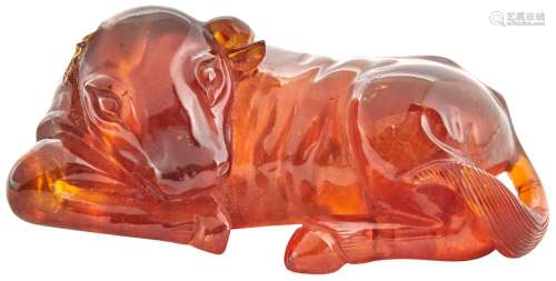 A Small Chinese Amber Carving of a Recumbent Buffalo