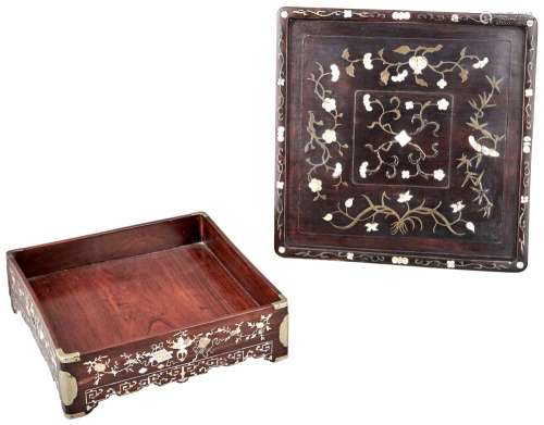 Two Chinese Square-Form Shell-Inlaid Hardwood Scholar Trays