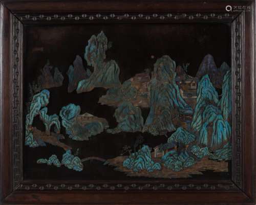 A Chinese Kingfisher-Embellished Landscape Plaque in Hardwood Frame