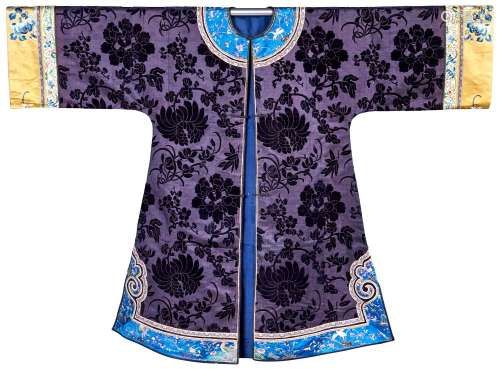 A Chinese Dark Blue Silk Cut Velvet Robe