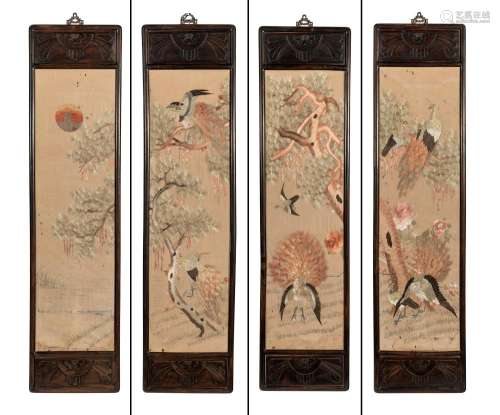 Four Chinese Embroidered Silk and Hardwood Panels