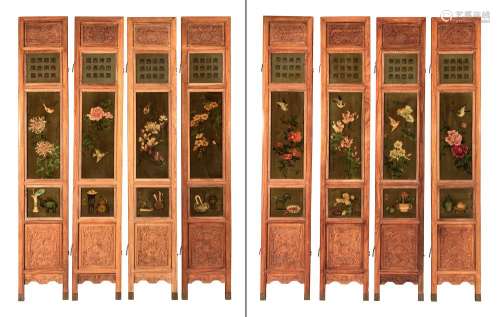 A Chinese Painted Glass and Hardwood Eight-Panel Floor Screen