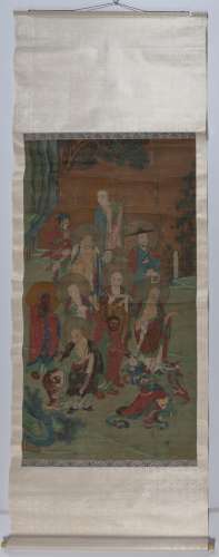 A Large Chinese School Ink and Color Painting of an Assemblage of Luohan