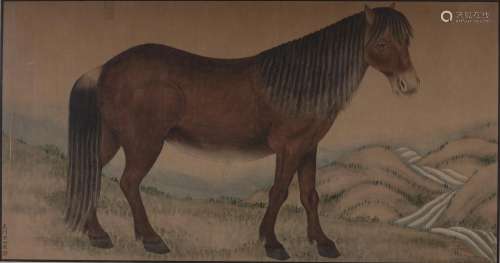 A Large Chinese School Painting of a Standing Horse Qing Dynasty Ink and Color on Paper Sight 25 x 47 1/2 inches....