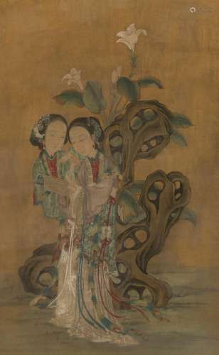A Chinese School Ink and Color Painting of Two Meiren