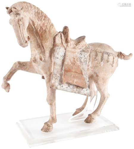 A Large Chinese Painted Pottery Figure of a Prancing Horse