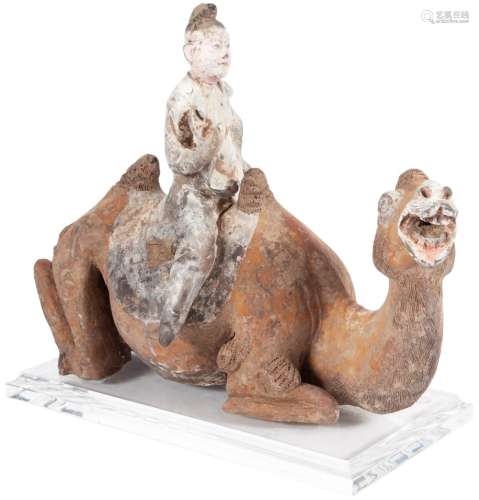Chinese Painted Pottery Figure of a Mounted Bactrian Camel