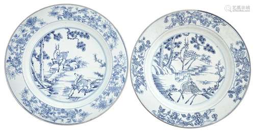 A Matched Pair of Chinese Blue and White Porcelain 'Deer' Dishes