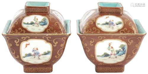 A Pair of Chinese Enameled Porcelain Square-Form Bowls and Covers