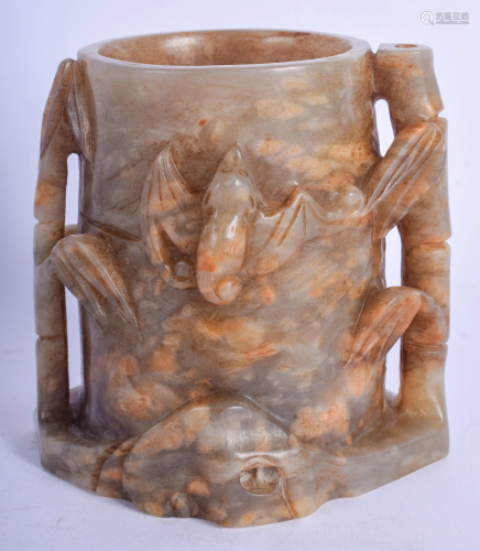 A CHINESE CARVED MUTTON JADE BRUSH POT 2…