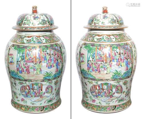 A Large Pair of Chinese Rose Medallion Porcelain Jars and Covers