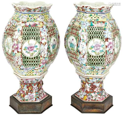 A Pair of Chinese Reticulated and Enameled Porcelain Lanterns