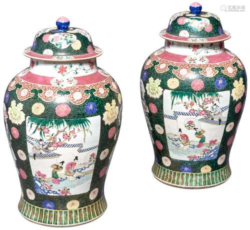 A Large Pair of Chinese Enameled Porcelain Baluster Jars and Covers