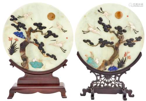 A Pair of Chinese Hardstone-Embellished Celadon Jade Circular Table Screens