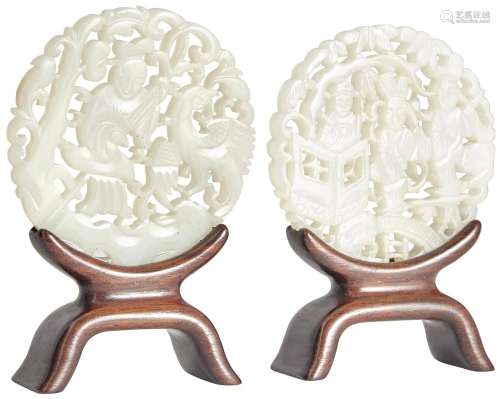 Two Chinese Reticulated White Jade Round Plaques