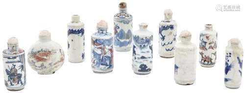 Ten Chinese Blue and White Porcelain Snuff Bottles