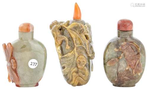 Three Chinese Hardstone Snuff Bottles