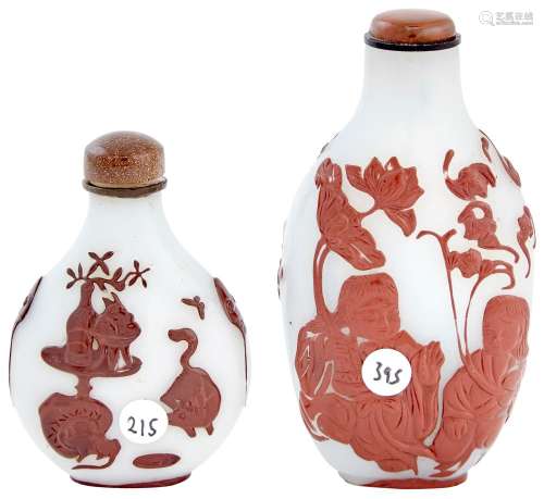 Two Chinese Red-on-Milk Glass Snuff Bottles