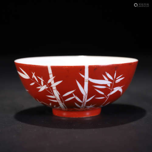 红釉留白竹纹碗