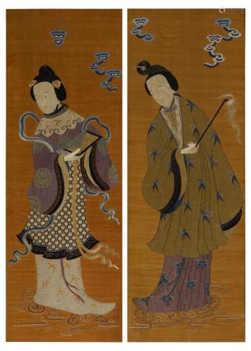 A PAIR OF APRICOT-GROUND SILK EMBROIDERED ‘LADY’ PANELS,  QING DYNASTY, 19TH CENTURY
