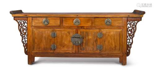 A 'HUANGHUALI'-VENEERED AND MIXED-WOOD THREE DRAWER COFFER, 20TH CENTURY