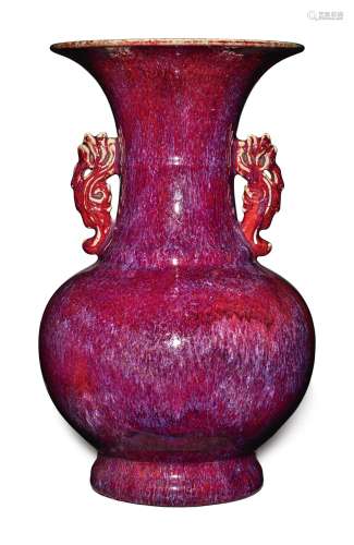 A FLAMBE-GLAZED HANDLED VASE, QING DYNASTY, 19TH CENTURY