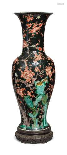 A LARGE FAMILLE-NOIRE 'MAGPIE AND PRUNUS' YENYEN VASE, THE PORCELAIN 18TH CENTURY, THE ENAMELS LATER-ADDED