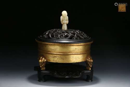 Chinese Old Collections Zitan Rosewood Incense Burner With Jade Figure