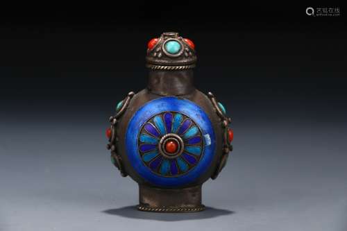 Chinese Silver Burning Blue Snuff Bottle Inlaid With Gem In Qing Dynasty