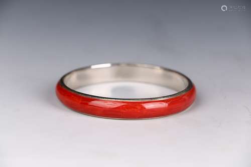 Chinese Old Collections Silver Bracelet Inlaid With Coral