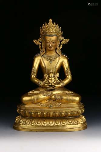 Chinese 18Th Century Bronze Gold Gilded Sitting Buddha Statue