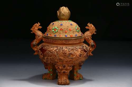 Chinese Old Glass Furnace Inlaid With Gem