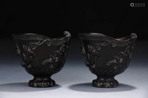 Chinese Pair Of Zitan Rosewood Dragon Cups