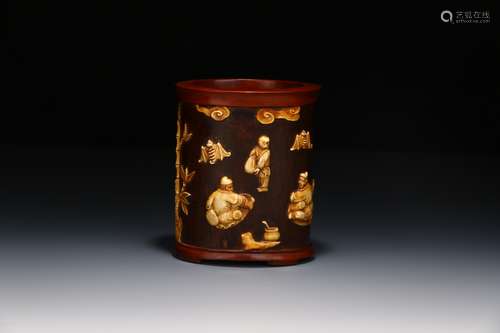 Chinese Zitan Rosewood Brush Pot Inlaid With Bone