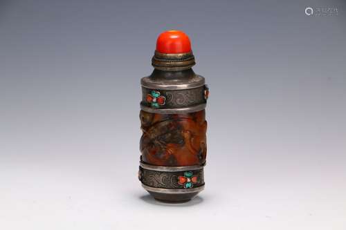 Chinese Qing Dynasty Agate Silver Painted Snuff Bottle