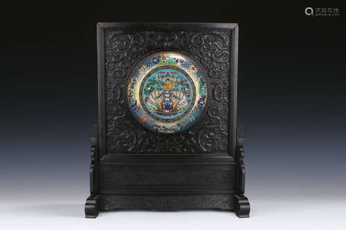 Chinese Qing Dynasty Zitan Rosewood Screen Inlaid With Cloisonne