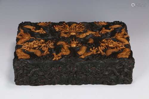 Chinese Qing Dynasty Zitan Rosewood Cover Box Inlaid With Boxwood