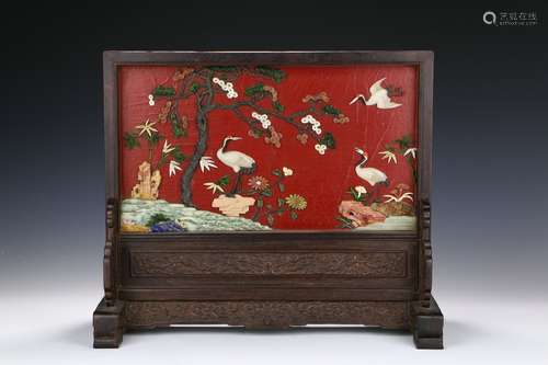 Chinese Qing Dynasty Rosewood Screen Inlaid With Jem